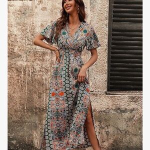 Boho Wrap Maxi Dress in Green and Orange
